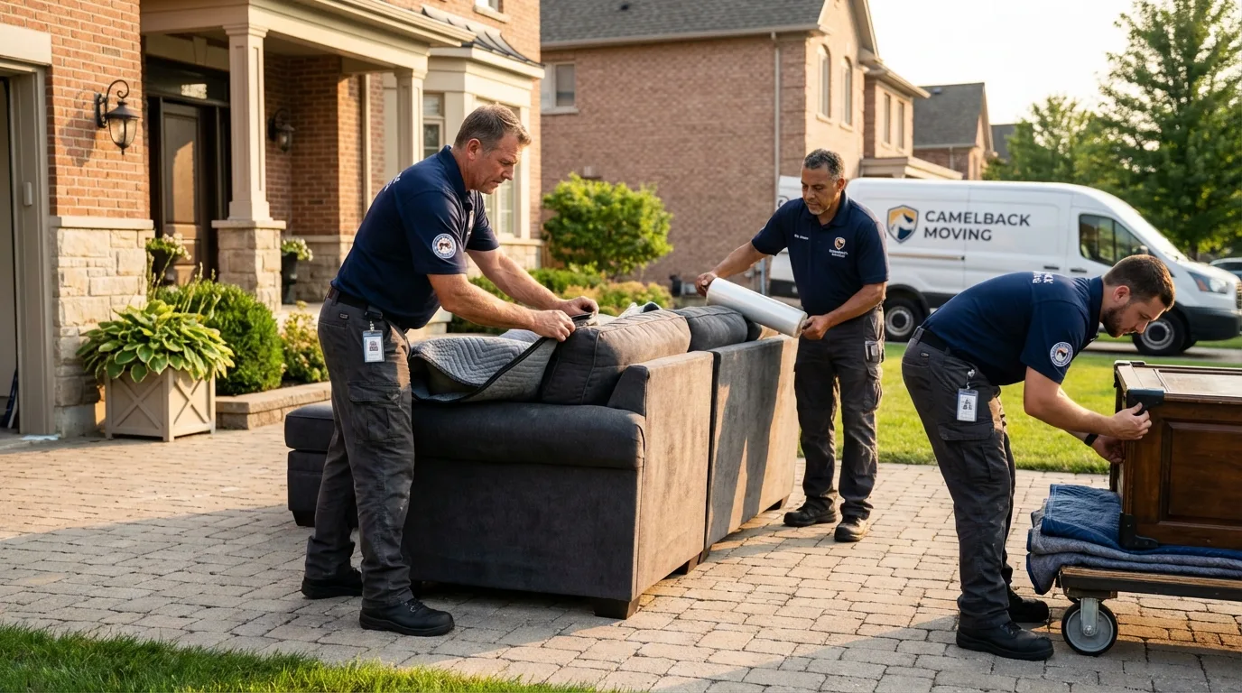 Large estate moving crew wrapping furniture in West Branch, MI