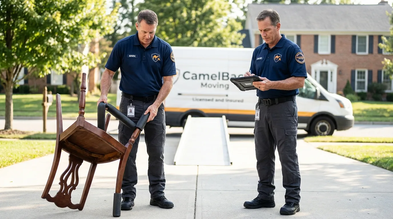 Movers inspecting furniture for damage prevention before loading in West Branch, MI