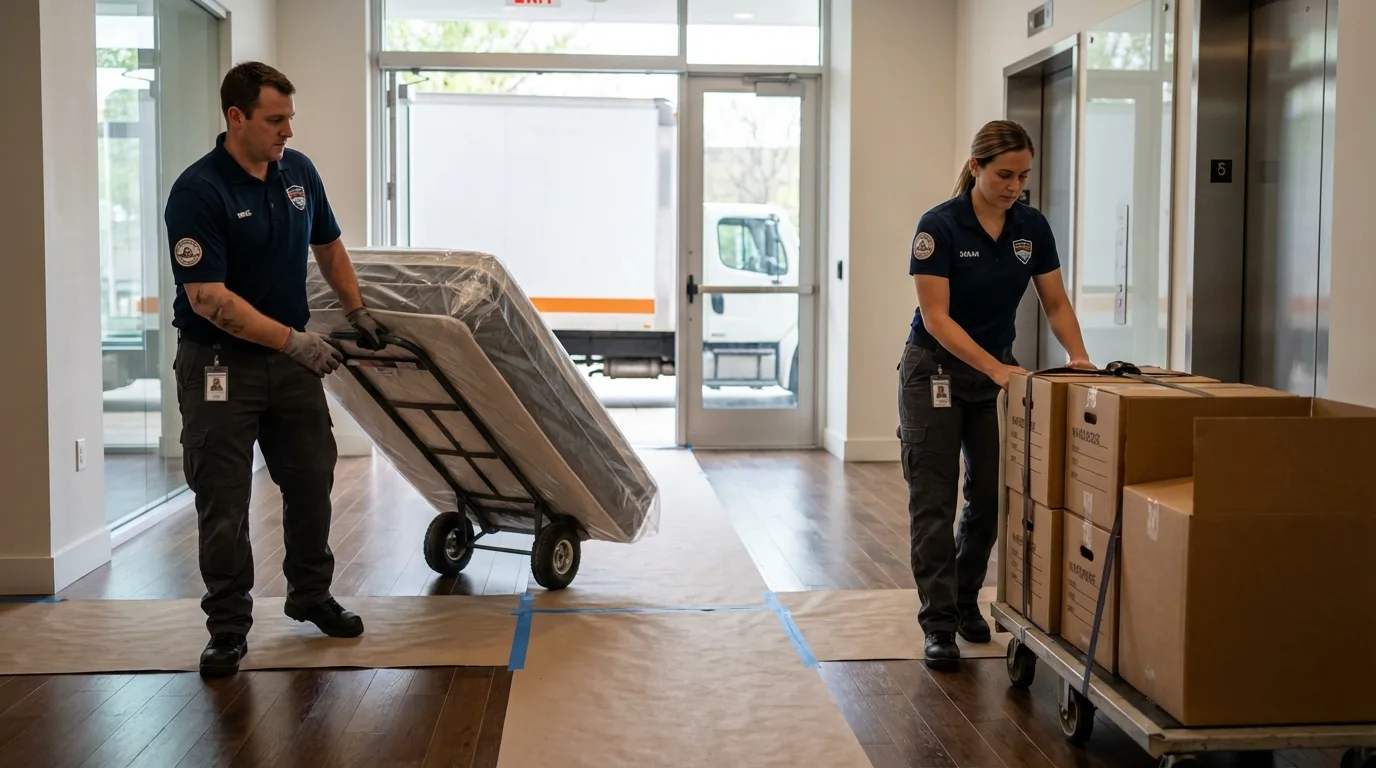 Professional apartment movers loading elevator in West Branch, MI