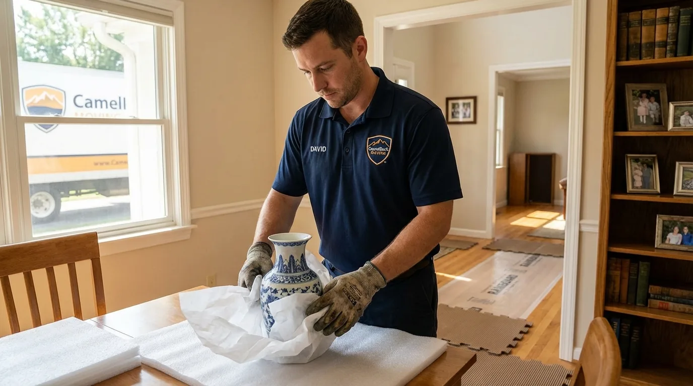 Professional crew carefully wrapping antique vase for senior downsizing move in West Branch, MI