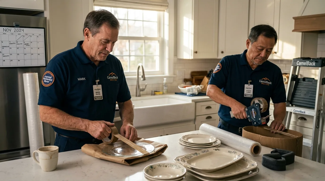 Professional crew packing kitchen dishware in West Branch, MI